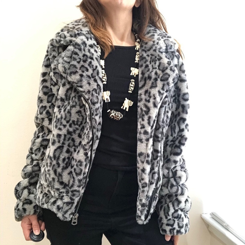 Lucky Brand Faux‎ Fur Leopard Print Bomber Jacket Gray
